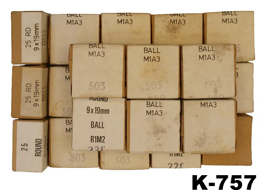 092-K-757 9mmp Military Surplus Ball Ammunition x 525 Rounds (21 x 25)