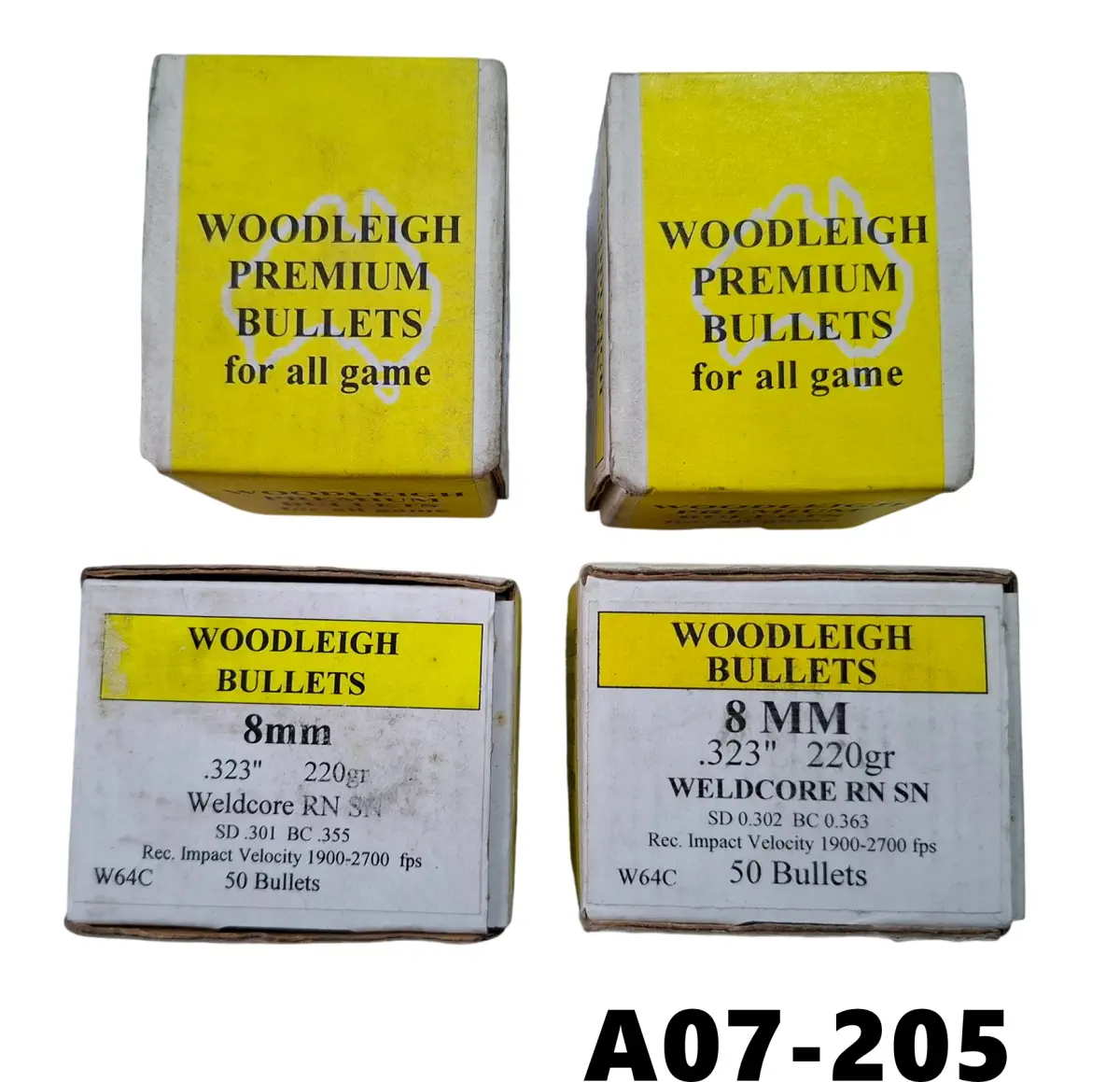 102-A07-205 8mm Woodleigh 220gr Weldcore RN SN Bullets x 200 (50 x 4 boxes)