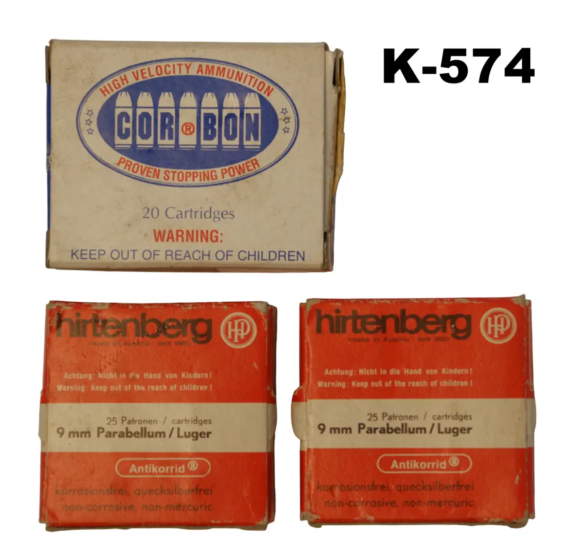 104-K-574 9mmp Hirtenberg 123gr FJRN Ammunition x 50 (2x25) & Corbon +P 115gr JHP x 20